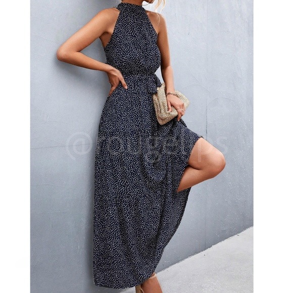 Navy Blue Polka Dot Halter Maxi Dress Tie Belt Long Flared High Neck Sleeveless - Picture 2 of 10